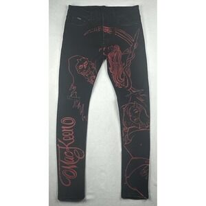 Mackeen Jeans Men's 34 Jet Black Slim Distressed Skeleton & Devil Cyber Y2K